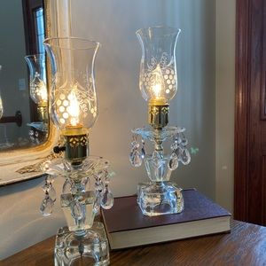 Pair of Vintage Glass Boudoir Lamps with crystal teardrops